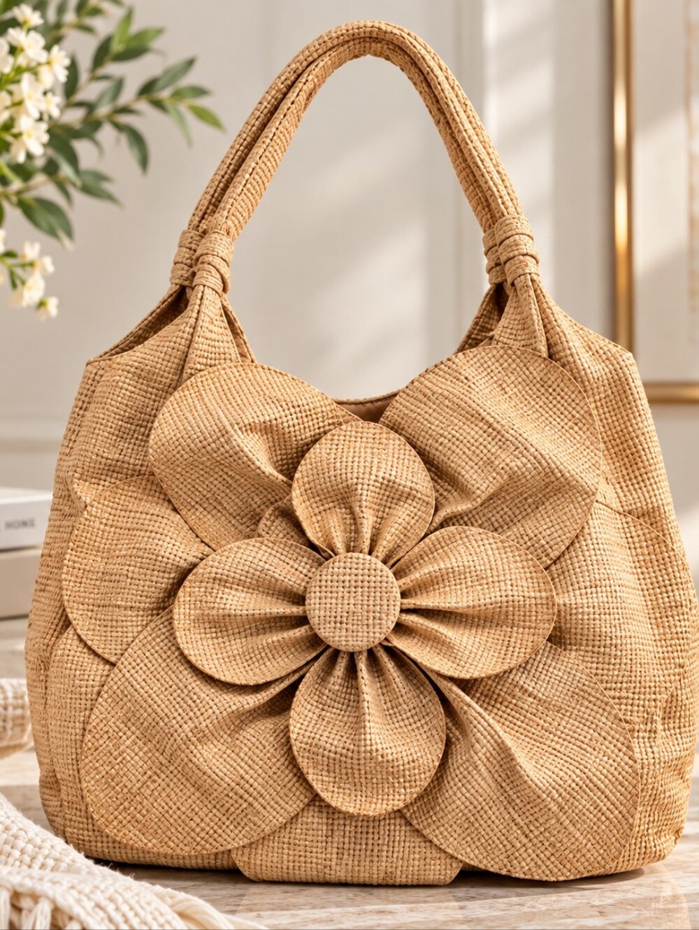 Avon Woven Elegant Tan Floral Tote Bag